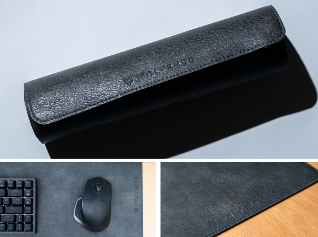 Premium Vegan Leather Desk Mat Black Grey